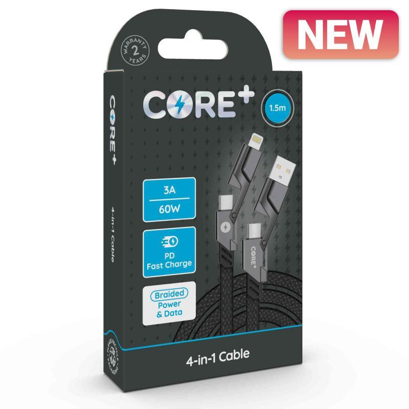 CORE+ 4-in-1 Cable 1.5m Woven Grey 27W/60W PD - Farnham Road Tech Repair