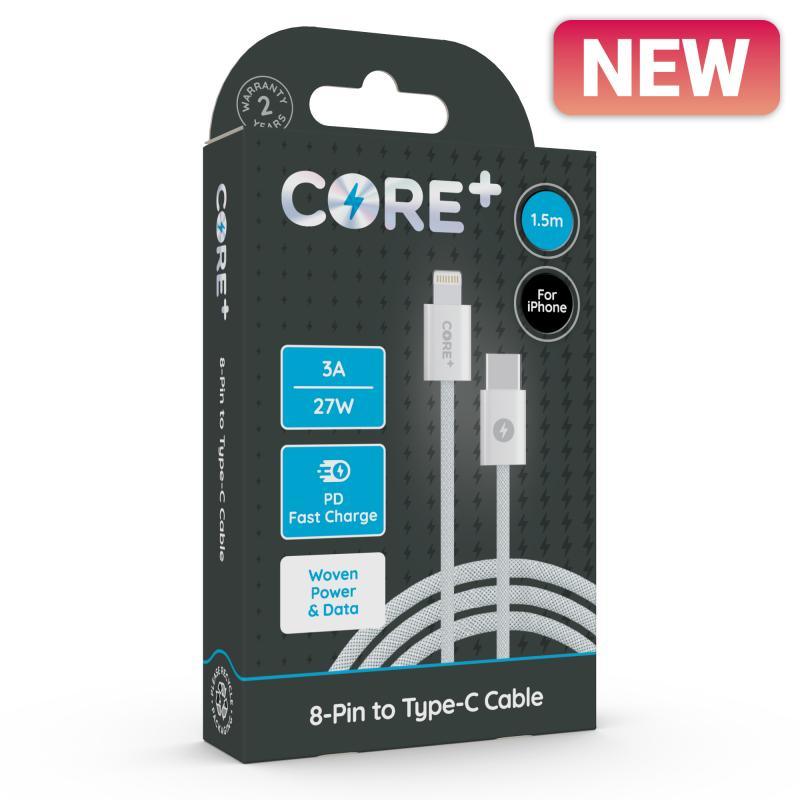 CORE+ 8-Pin to Type-C Cable 1.5m Woven White 3A/27W - Farnham Road Tech Repair