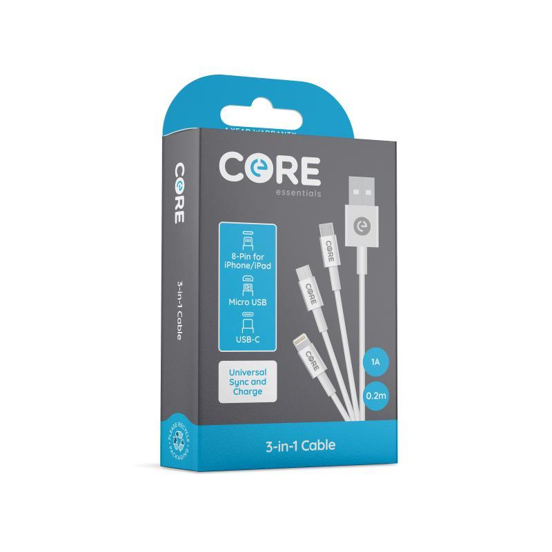 Core 3-in-1 Cable 0.2m PVC White 1A/5W - Farnham Road Tech Repair