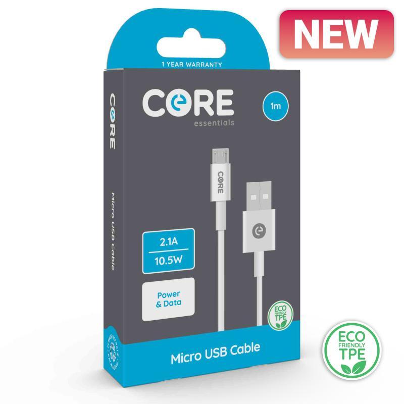 Core Micro USB Cable 1m TPE White 2.1A/10.5W - Farnham Road Tech Repair