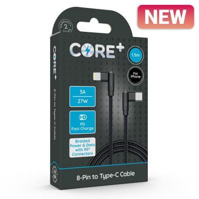 CORE+ 8-Pin to Type-C 90° Cable 1.5m Braided Black 3A/27W - Farnham Road Tech Repair