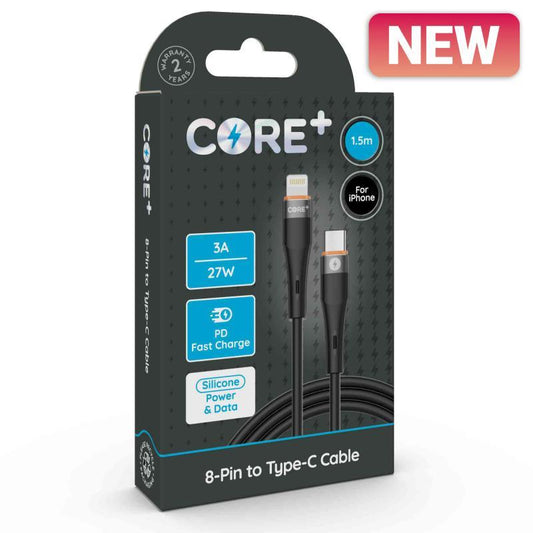 CORE+ 8-Pin to Type-C Cable 1.5m Silicone Black 3A/27W PD - Farnham Road Tech Repair