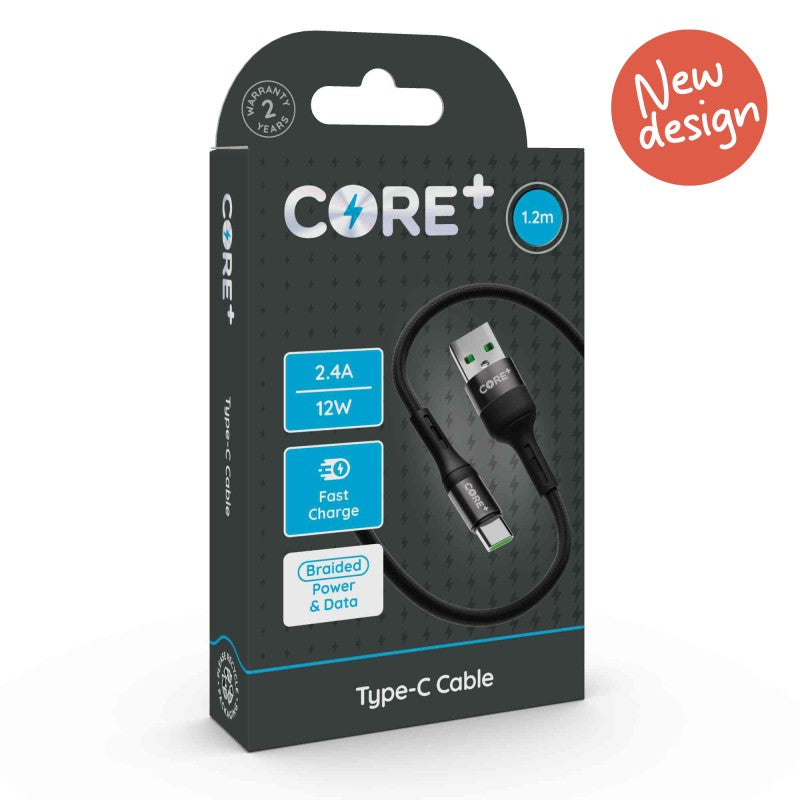 CORE+ Type-C Cable 1.2m Braided Black 2.4A 12W Fast Charge
