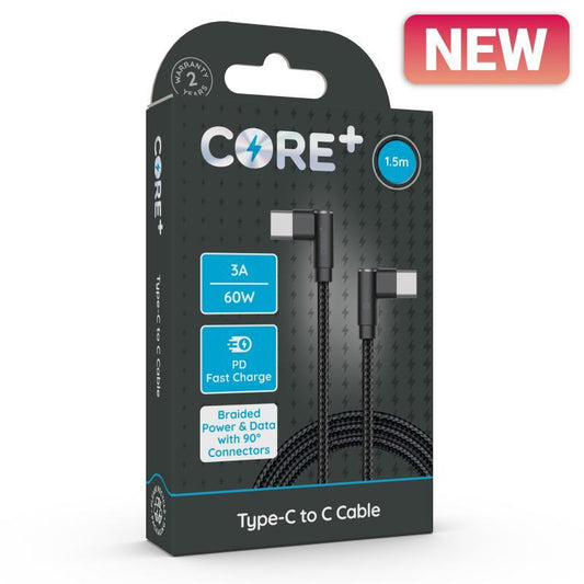 CORE+ Type-C to C 90° Cable 1.5m Braided Black 3A/60W - Farnham Road Tech Repair