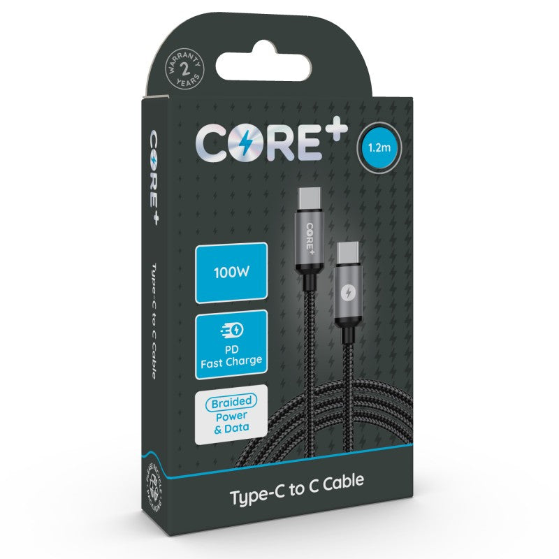 CORE+ Type-C to C Cable 1.2m Braided Grey 5A/100W PD