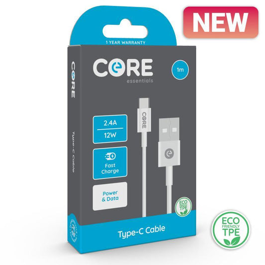 Core Type-C Cable 1m TPE White 2.4A/12W Fast Charge - Farnham Road Tech Repair