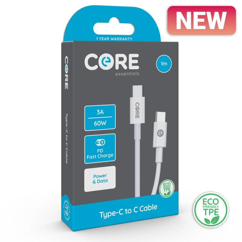 Core Type-C to C Cable 1m TPE White 3A/60w PD - Farnham Road Tech Repair
